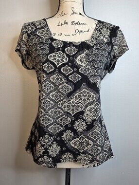 Liz & Co Black Cream Paisley Damask Short Sleeve Mesh Top L